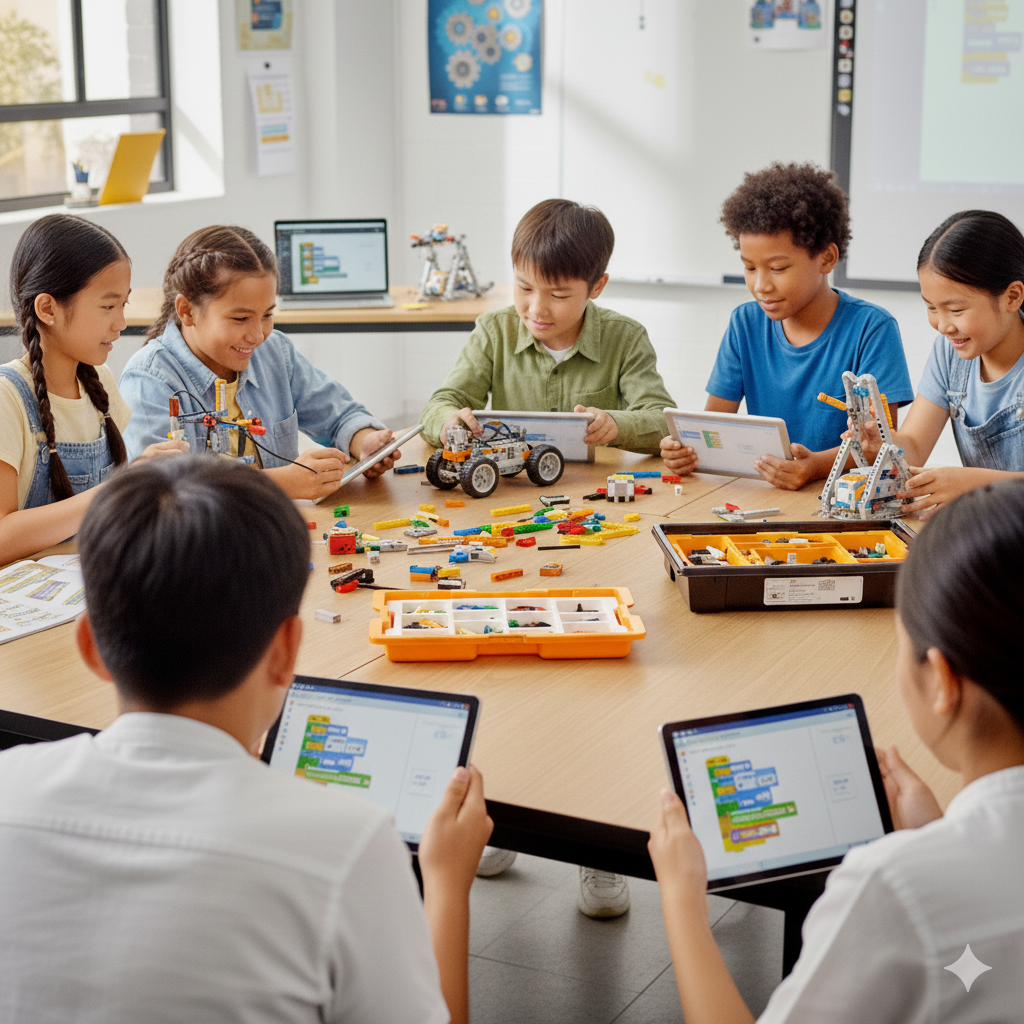 Niños en clase de robótica construyendo un robot y programando